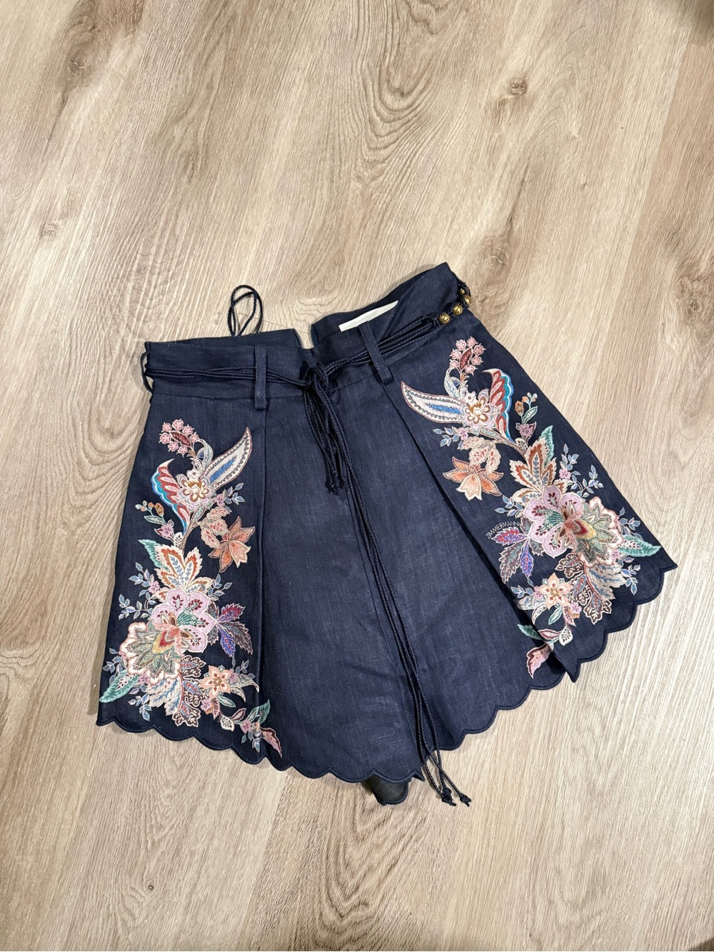 Zimmermann Navy Embroidered Floral Scallop Hem Shorts